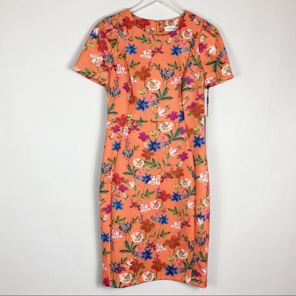 Calvin Klein Orange Floral Scuba Sheath Dress - Picture 1 of 6